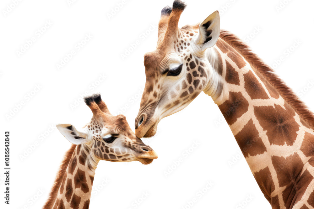 Obraz premium A tiny giraffe standing beside its mother, both displaying an affectionate bond. The mother giraffe looks down lovingly at her calf