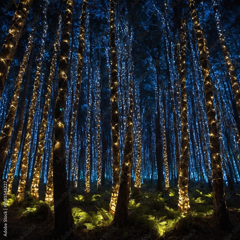 Obraz premium Artificial Forest of LED Trees: A forest made entirely of trees with LED lights embedded into their trunks, glowing with intricate patterns at night.