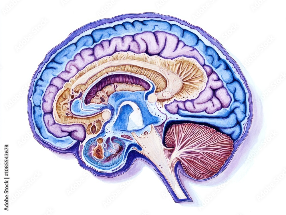 Detailed illustration of a human brain, showcasing various anatomical structures and regions. Detailed illustration of a human brain, showcasing various anatomical structures and regions.