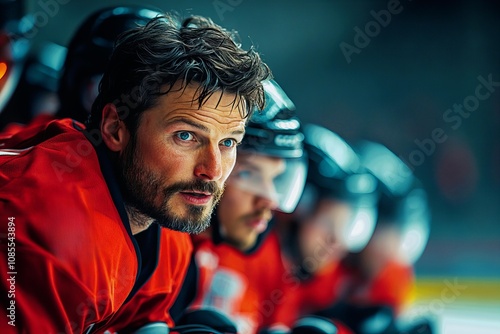 Intense focus of hockey player on bench during competitive game photo