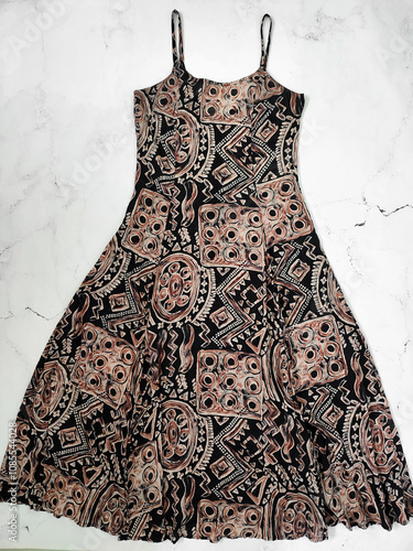 Vintage 70s printed sundress, indian cotton boho dress, strappy dress summer, hippy gypsy sleeveless dress, brown black pattern, zipper back, 1970 fashion, clothes, fabric, textile, flat lay at white  photo