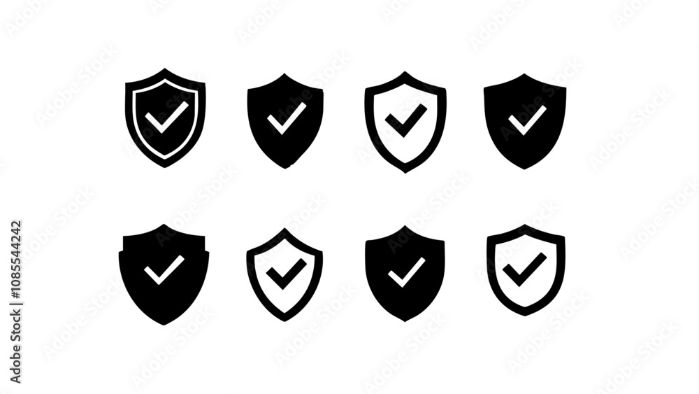A set of minimalist security shield icons featuring check marks A set of minimalist security shield icons featuring check marks
