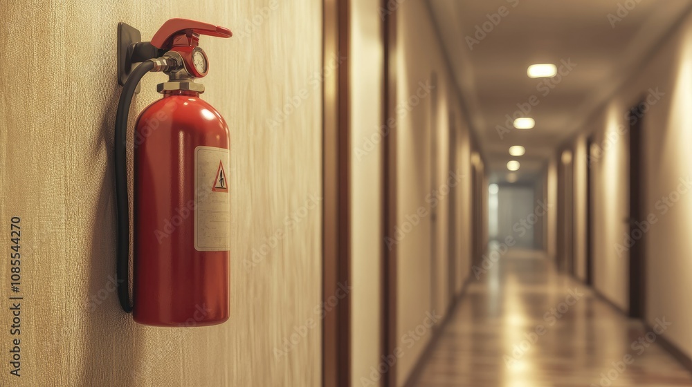 Fire extinguisher hanging in a hotel corridor on a beige wall, blending with modern decor while ensuring safety. Fire extinguisher hanging in a hotel corridor on a beige wall, blending with modern decor while ensuring safety.