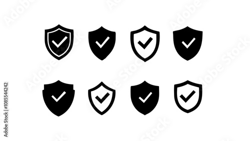 A set of minimalist security shield icons featuring check marks