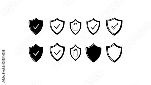 A set of minimalist security shield icons featuring check marks