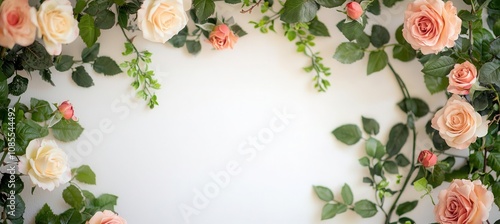 Watercolor Floral Arts, famous arts inspired. A beautiful arrangement of pink and cream roses with green leaves on a white background, perfect for invitations, decorations, or floral designs. photo