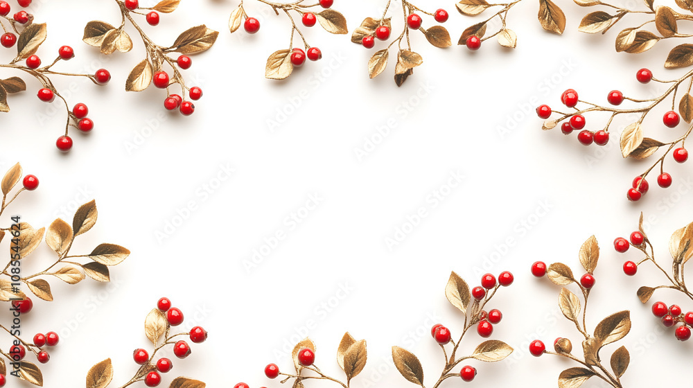 Red berries adorn gold-painted branches, arranged to form a border around a white space Red berries adorn gold-painted branches, arranged to form a border around a white space