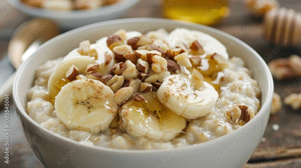 A bowl of oatmeal topped with banana slices, nuts, and a drizzle of honey, set against a rustic wooden background. A bowl of oatmeal topped with banana slices, nuts, and a drizzle of honey, set against a rustic wooden background.