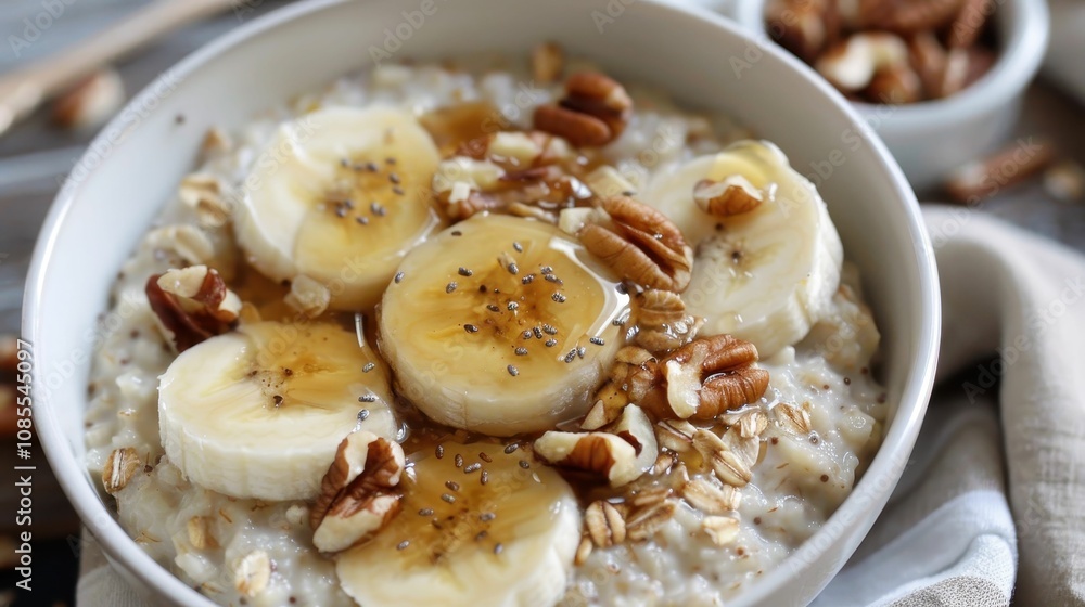 A warm bowl of oatmeal topped with banana slices, pecans, and a drizzle of honey, perfect for a nutritious breakfast. A warm bowl of oatmeal topped with banana slices, pecans, and a drizzle of honey, perfect for a nutritious breakfast.