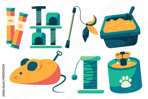 A playful set of illustrated cat essentials, including toys, scratching posts, litter box, treats, and more. Ideal for pet-related designs and advertisements.