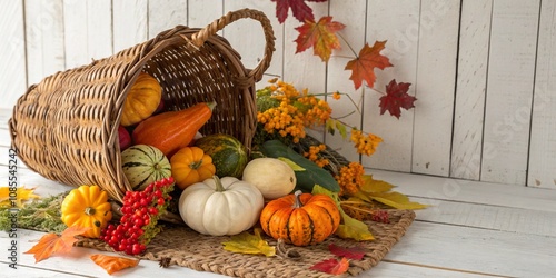 A rustic autumn harvest scene featuring a wicker cornucopia tipped over, spilling various colorful pumpkins, squash, and other seasonal vegetables.  photo