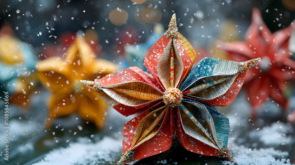 Creative Colorful Paper Snowflakes Made from Recycled Book Pages with Glitter Accents in a Cozy Winter Setting Creative Colorful Paper Snowflakes Made from Recycled Book Pages with Glitter Accents in a Cozy Winter Setting