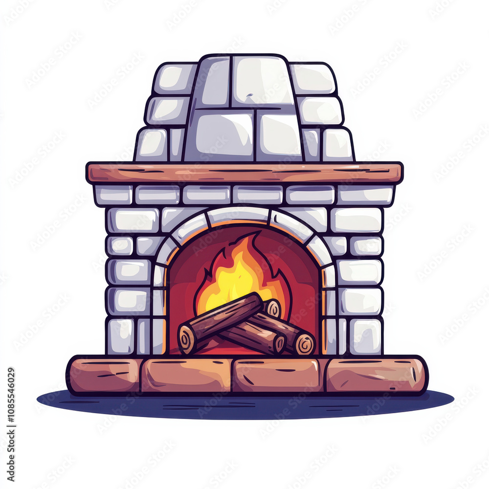 cozy cartoon fireplace illustration with stone structure and burning logs. warm flames create welcoming atmosphere, perfect for chilly evening
