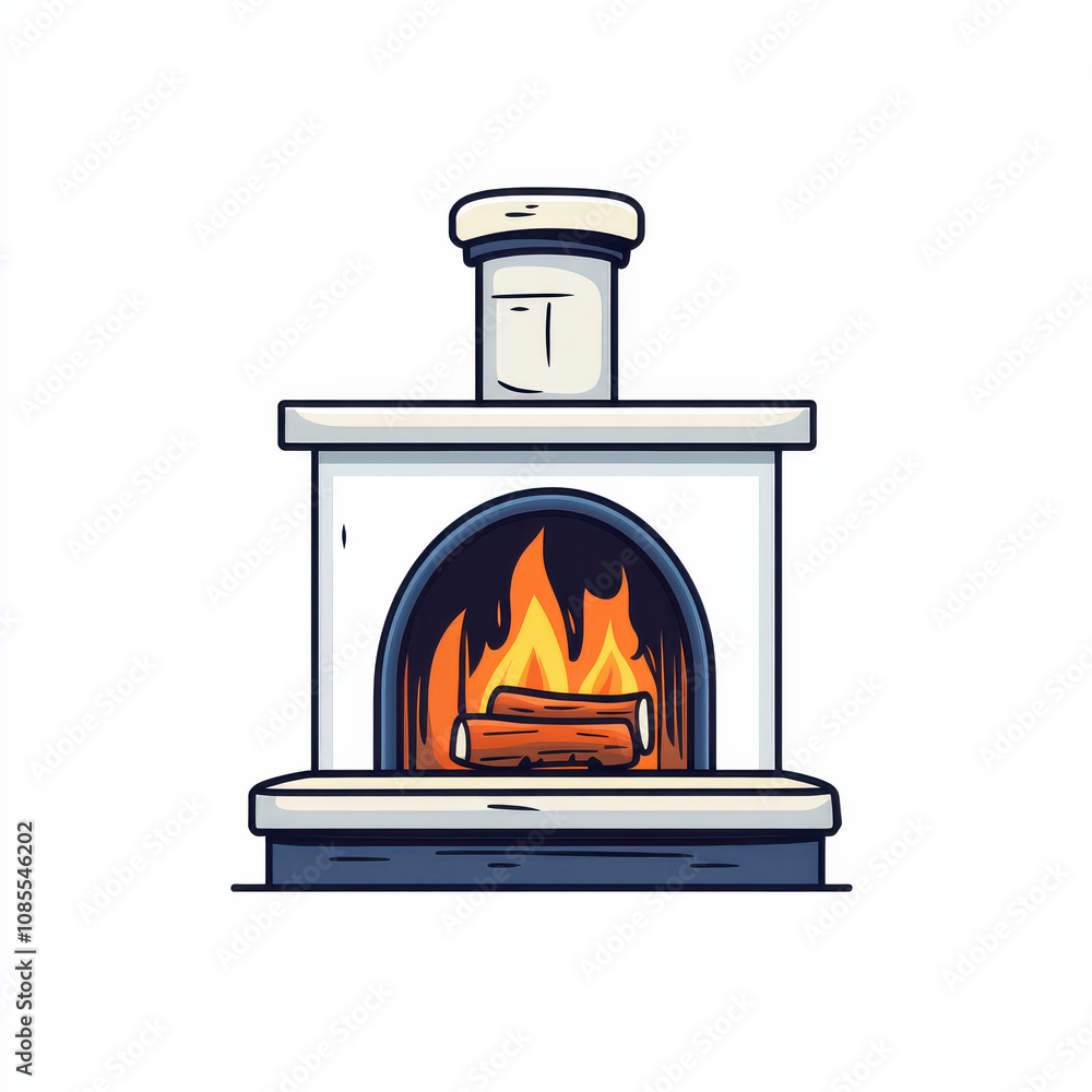 Cozy fireplace illustration with warm fire and logs, perfect for winter ambiance. This cartoon style design features bold outline and simple, inviting aesthetic