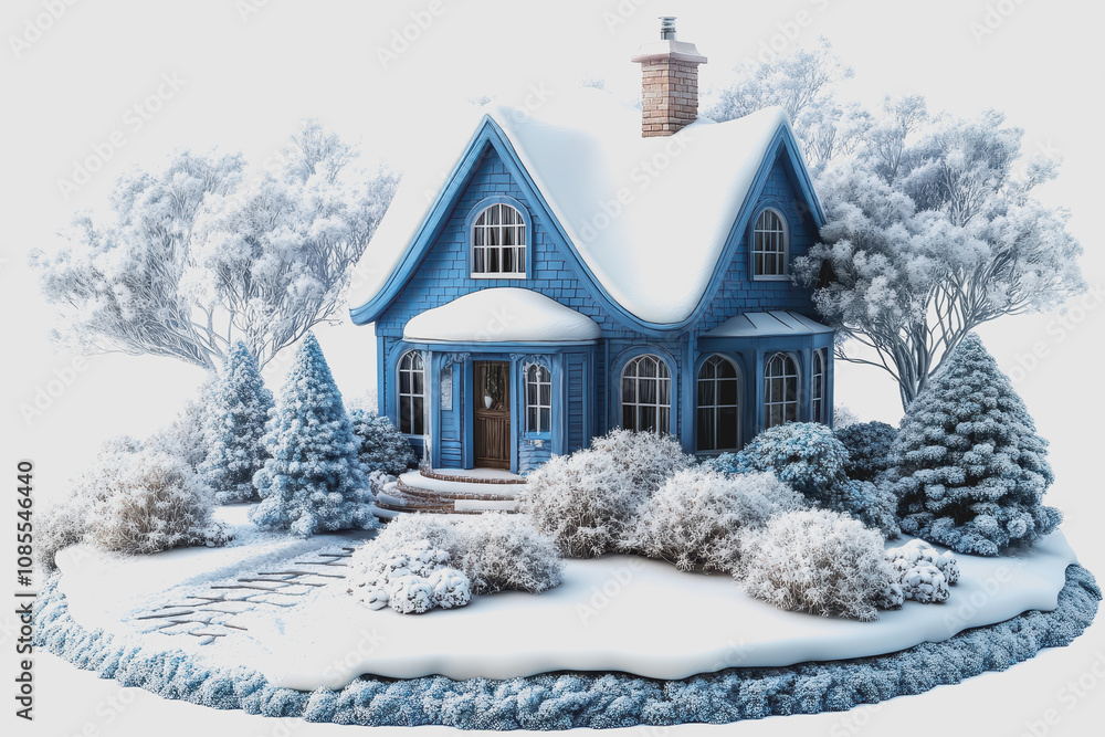 Fototapeta premium Charming Winter Wonderland 3D Illustration Featuring an Isolated Blue House Surrounded by Snow-Capped Trees and Frosty Landscapes on White Background