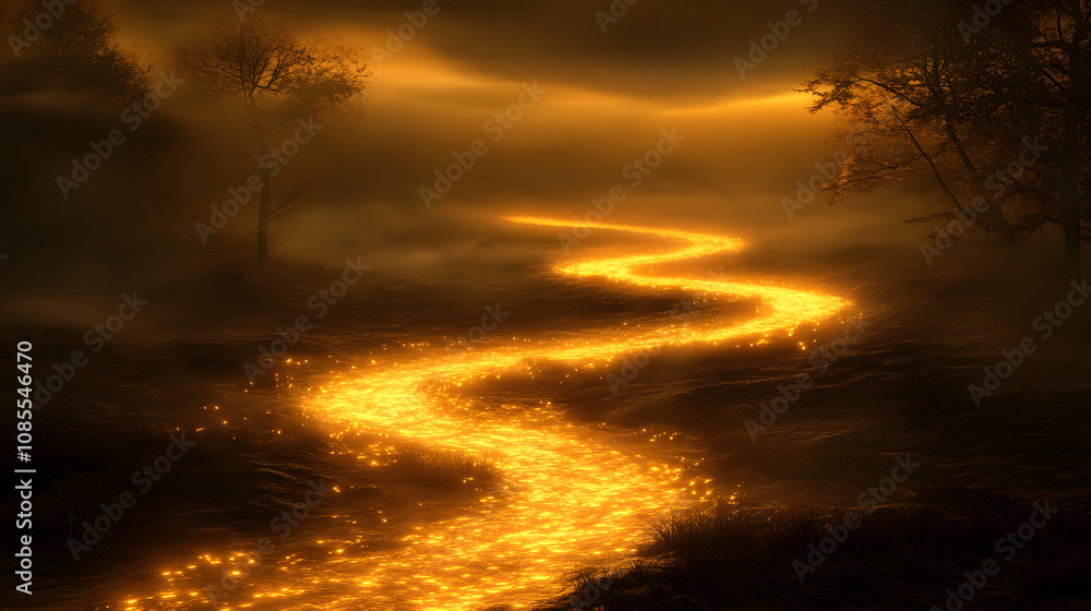 A winding path of golden light cuts through a misty, dark forest. A winding path of golden light cuts through a misty, dark forest.