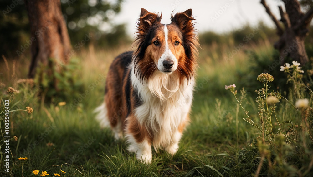 Shaggy White and Brown Hunting Dog, Rustic Dog Portrait Shaggy White and Brown Hunting Dog, Rustic Dog Portrait