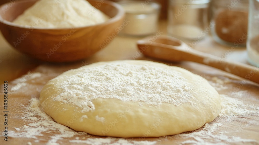 Flour and raw wheat dough in the center of a table, bowl of flour and wooden spoon in the background. Flour and raw wheat dough in the center of a table, bowl of flour and wooden spoon in the background.