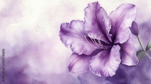 Watercolor Floral Arts, famous arts inspired. A stunning purple flower blooms gracefully against a soft, ethereal background, showcasing delicate petals and subtle hues of lavender.