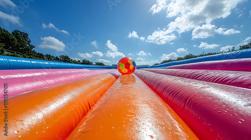 A Stunning Inflatable Bossaball Court Bathed in Sunshine with a Colorful Ball on the Surface, Perfect for Active Summer Days photo