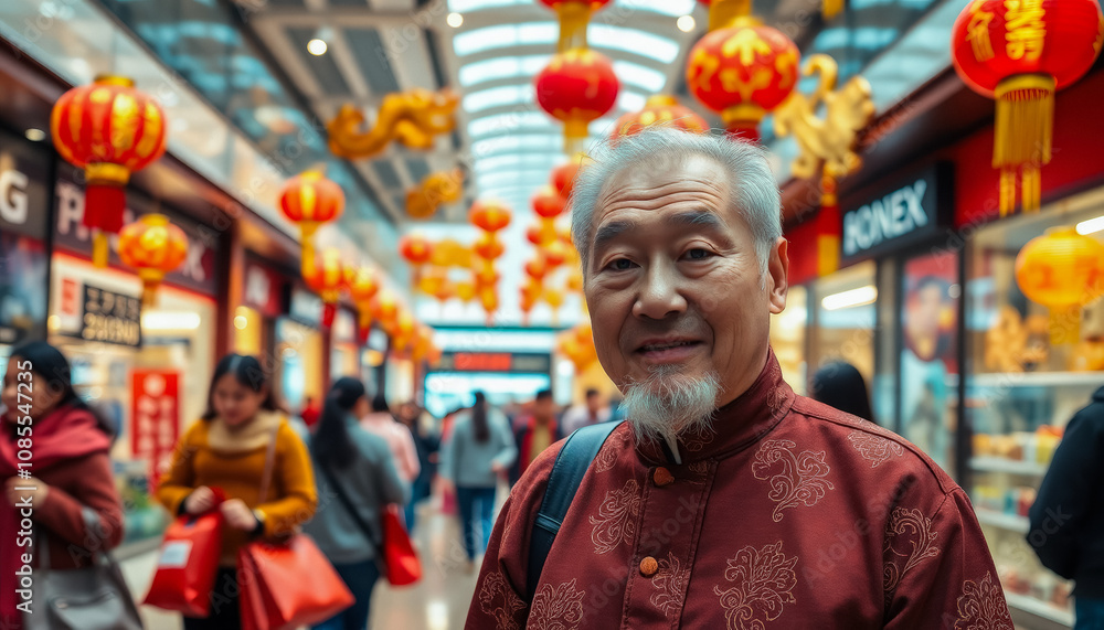 Elderly mature man in stylish clothes with festive mood among decorated modern shopping mall in honor of Chinese New Year. Preparing and buying gifts for the holiday. Elderly mature man in stylish clothes with festive mood among decorated modern shopping mall in honor of Chinese New Year. Preparing and buying gifts for the holiday.