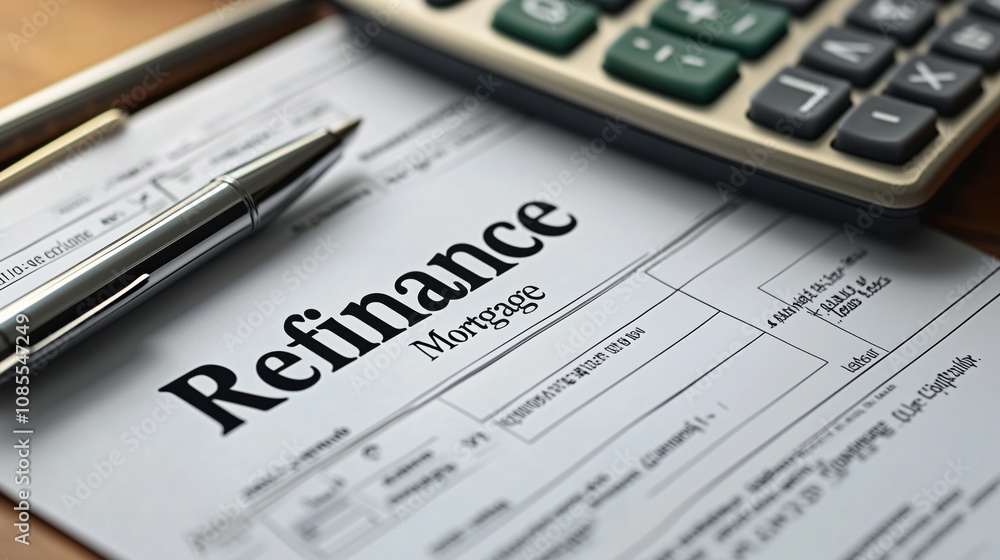 Refinance mortgage application form with calculator and pen Refinance mortgage application form with calculator and pen