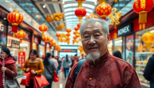 Elderly mature man in stylish clothes with festive mood among decorated modern shopping mall in honor of Chinese New Year. Preparing and buying gifts for the holiday.