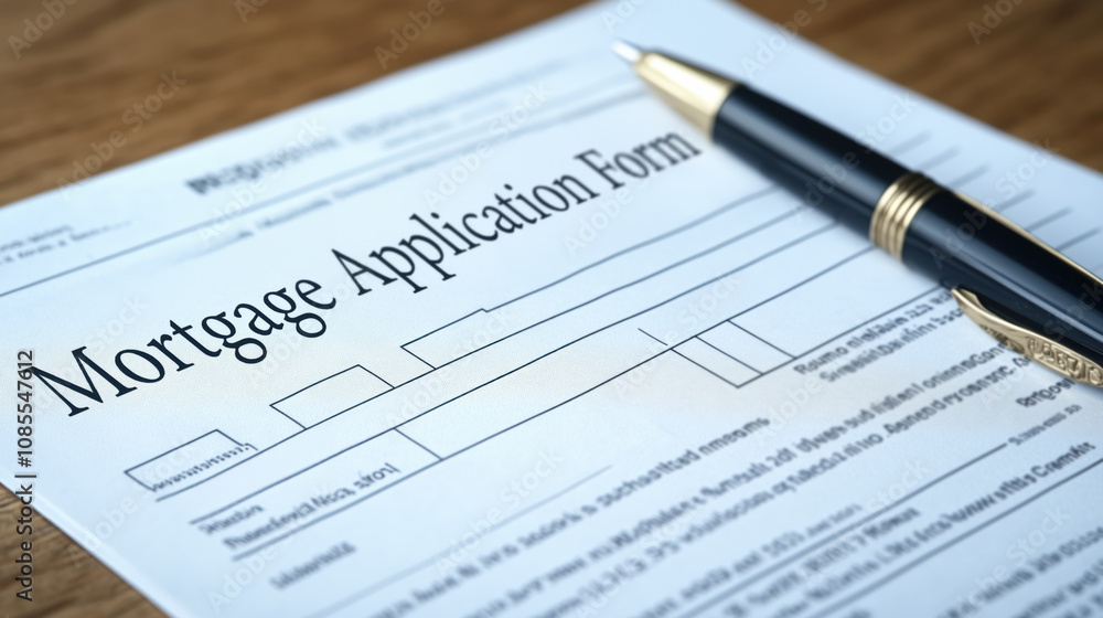 Mortgage application form with pen on wooden table, ready for signing Mortgage application form with pen on wooden table, ready for signing