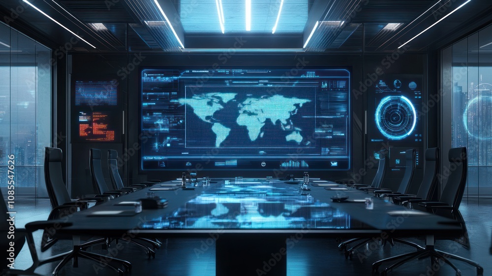 Modern conference room with digital world map. Modern conference room with digital world map.