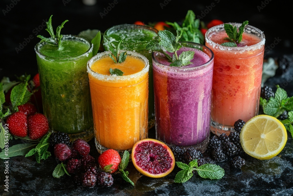 Colorful fruit smoothies in glasses with mint. Colorful fruit smoothies in glasses with mint.