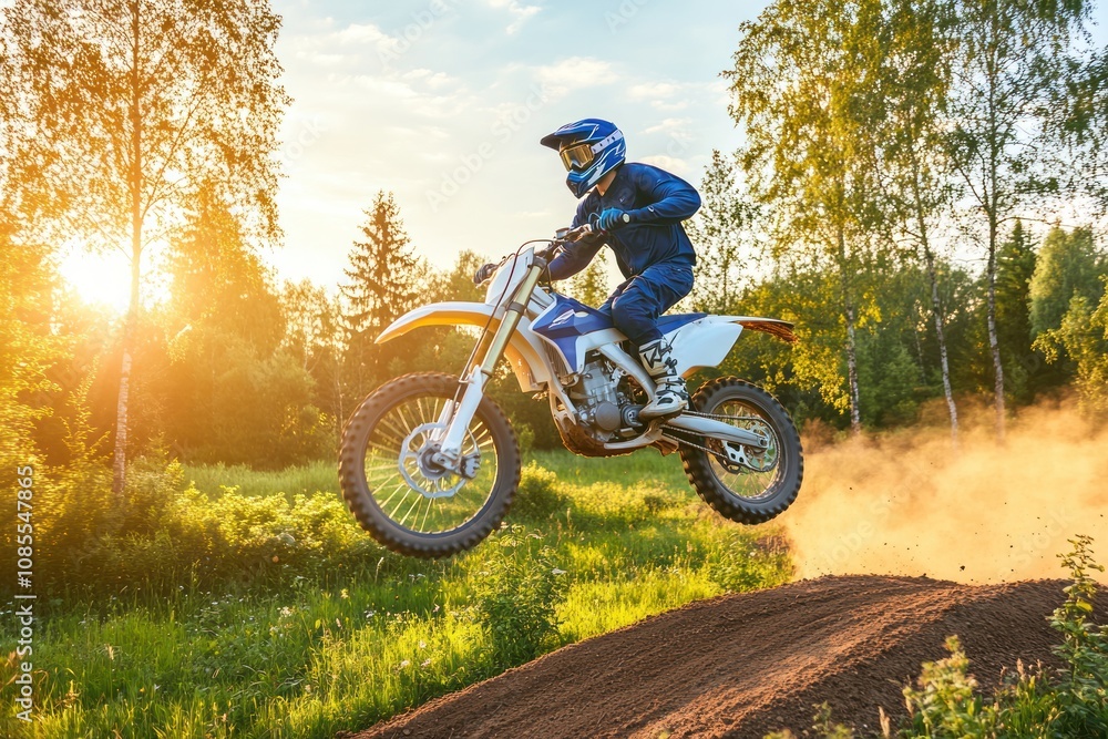 A motocross rider jumps over a dirt ramp, with the sun setting behind him. A motocross rider jumps over a dirt ramp, with the sun setting behind him.