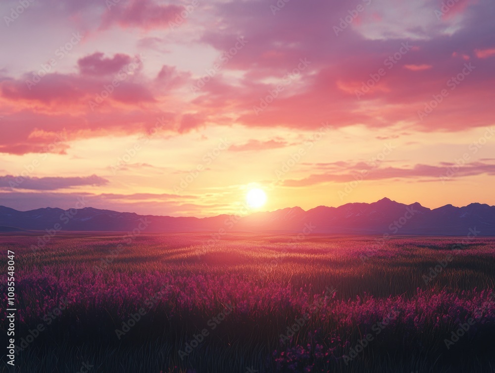 Obraz premium Serene sunset over a vast field of wildflowers. The warm colors of the sky paint a breathtaking scene.