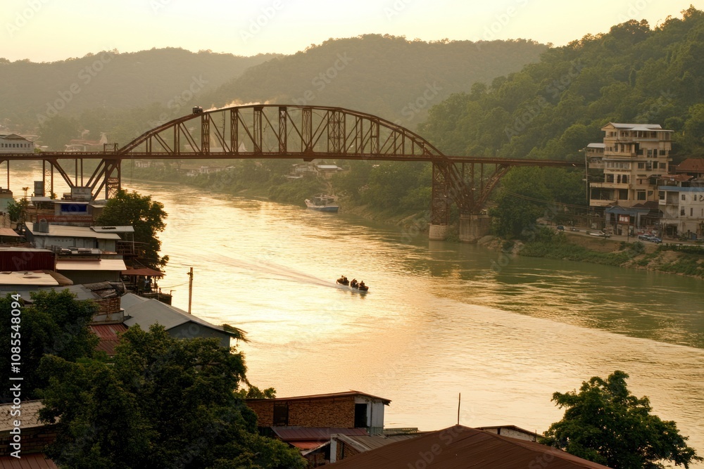 Fototapeta premium A scenic view of a river with a bridge in the background and a boat in the foreground, with a town on the right side of the river and hills in the background, during a sunset.