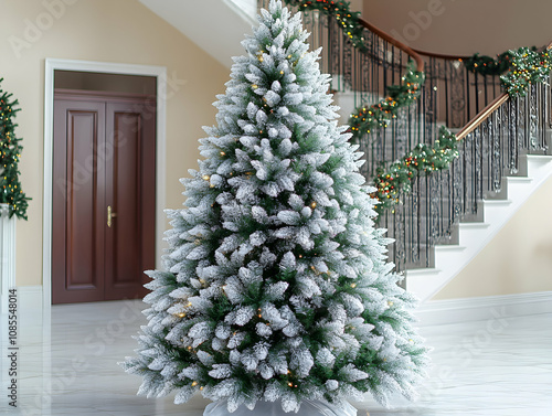 Snow-flocked Christmas tree in elegant home.