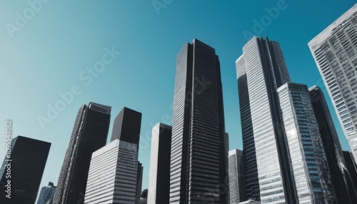 monochrome shot of city skyscrapers against blue sky