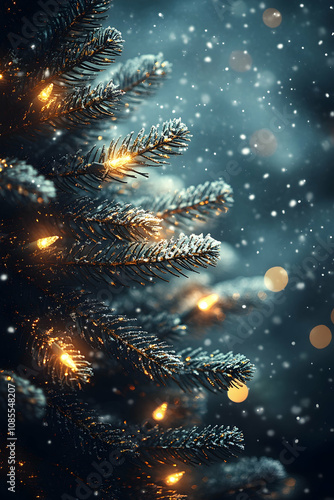 Snowy Christmas tree branch with warm lights.