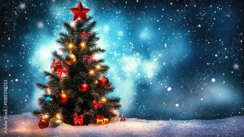 Wallpaper Mural Beautiful Christmas Tree with Red Star and Colorful Ornaments Surrounded by Snow Against a Soft Blue Background with Snowflakes Falling Torontodigital.ca