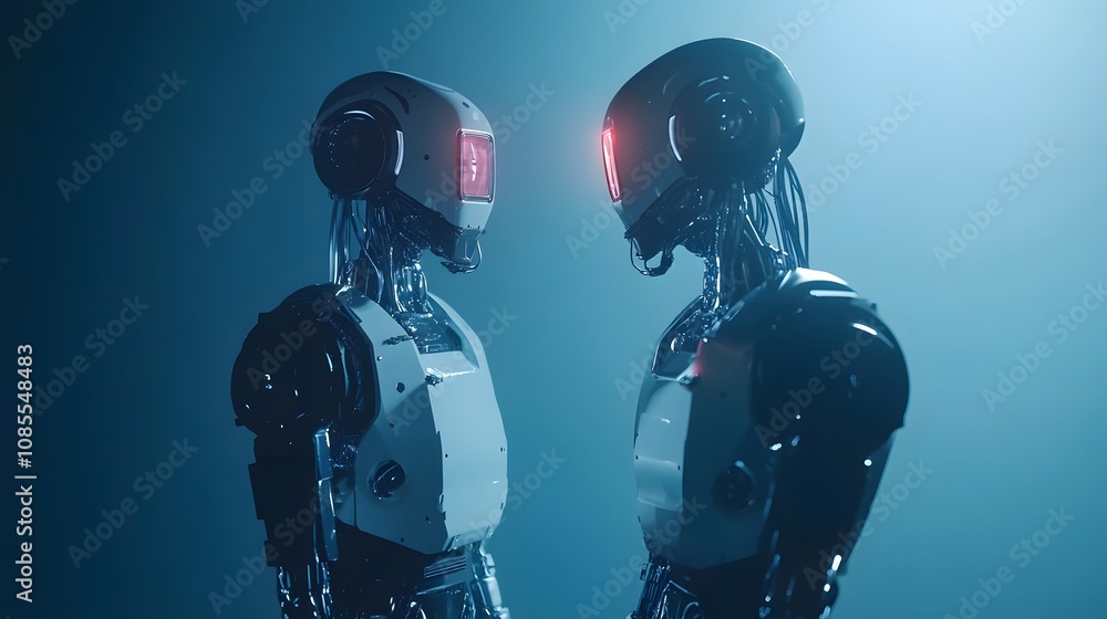 Two futuristic robots with glowing red eyes face each other in an ambient blue light, embodying advanced technology and artificial intelligence. Two futuristic robots with glowing red eyes face each other in an ambient blue light, embodying advanced technology and artificial intelligence.