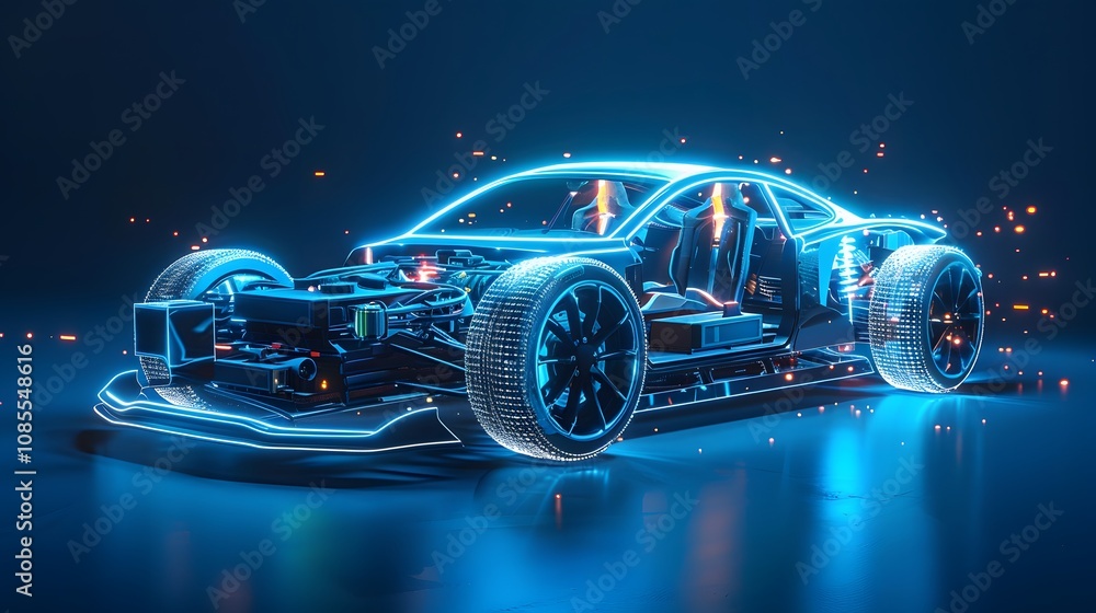 Naklejka premium A prototype racing car with stunning blue and red lights. High-speed prototype car glowing in blue and red shades. Futuristic prototype racing car glowing in blue and red hues.