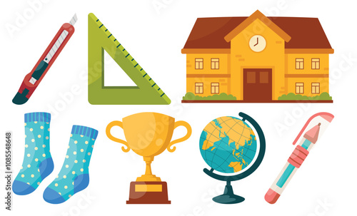 A vibrant set of school-related illustrations, including a ruler, school building, globe, trophy, socks, cutter, and pen. Ideal for educational and academic projects.