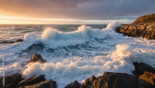 ocean waves crashing onto rocky shore at sunrise