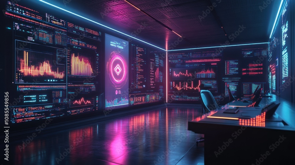 Fototapeta premium Futuristic control room with data visualizations.