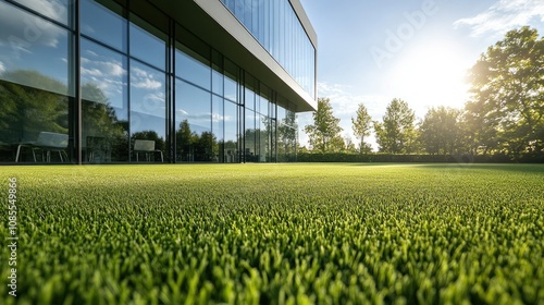 Freshly mowed lawn in front of a sleek, minimalist office building with large glass windows. Clean and modern atmosphere. photo