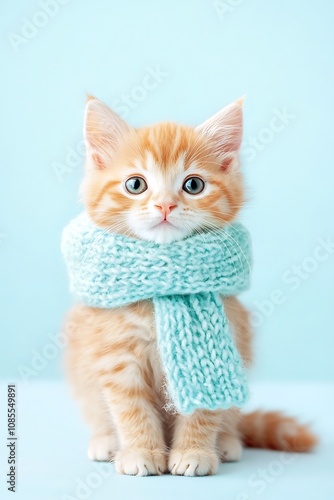 Cute orange kitten with blue scarf on pastel background