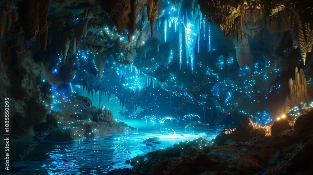 Glowworm Cave with Water Reflection Glowworm Cave with Water Reflection