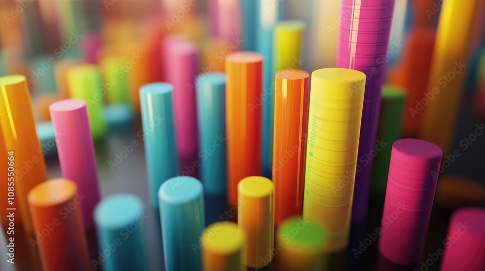 Colorful Abstract Three-Dimensional Chart Displaying Data Progression with Cylinder Shapes in Vibrant Hues Representing Growth and Analysis in Business and Technology Colorful Abstract Three-Dimensional Chart Displaying Data Progression with Cylinder Shapes in Vibrant Hues Representing Growth and Analysis in Business and Technology