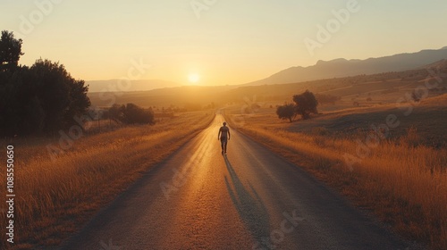  walks along a winding road at sunset, surrounded by fields and mountains.