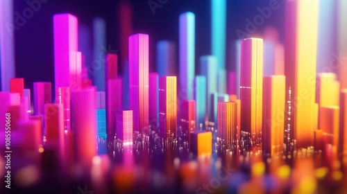 Vibrant Abstract Cityscape with Colorful Tall Buildings and Neon Lights Illuminating a Futuristic Urban Landscape at Night