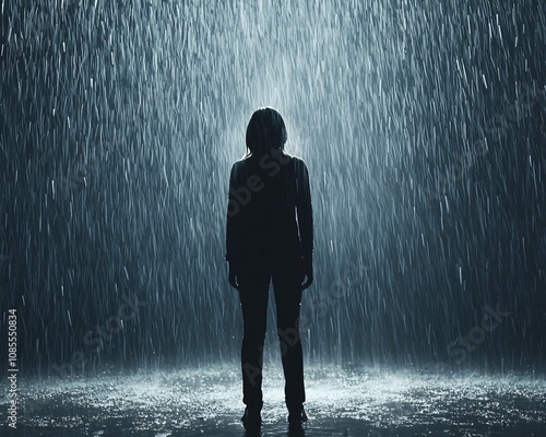 Person Standing Serene Under Pouring Rain Stress and Worry Washed Away