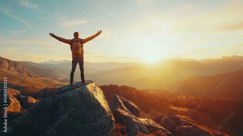 Joyful Man Celebrates Sunrise Atop Breathtaking Mountain Cliff Panorama Joyful Man Celebrates Sunrise Atop Breathtaking Mountain Cliff Panorama